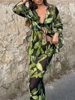 Women's Two Piece Dress Set Casual Dress Skirt Set Daily Going Out Casual Drawstring Cut Out Long Dress Maxi Dress V Neck Long Sleeve Print Slim Green Fall S M L -Party Prom Dresses Sales Store vohroq1693374466233