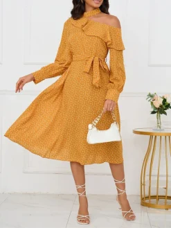Women's Work Dress Casual Dress Swing Dress Fashion Winter Dress Daily Midi Dress Lace Up Ruched Crew Neck Long Sleeve Floral Loose Fit Yellow Fall Winter S M L XL -Party Prom Dresses Sales Store voolyq1695645223931
