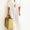 Women's Casual Dress Cotton Linen Dress Shift Dress Maxi Long Dress Cotton Blend Daily Classic Outdoor Daily Vacation Split Neck Split Basic Half Sleeve Summer Spring Fall 2023 Loose Fit White Plain