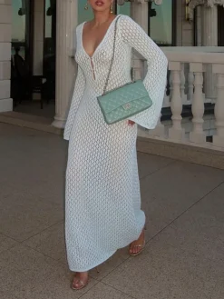 Women's Sweater Dress Winter Dress Jumper Dress Midi Dress Hollow Out Ribbed Outdoor Daily Date Active Fashion V Neck Long Sleeve 2023 Regular Fit White Green Color S M L Size -Party Prom Dresses Sales Store vpapvf1692695943762