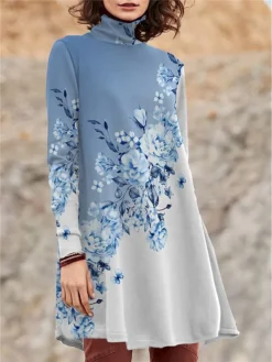 Women's Work Dress Casual Dress Swing Dress Fashion Winter Dress Daily Mini Dress Print Turtleneck Long Sleeve Floral Regular Fit Pink Blue Purple Fall Winter S M L XL XXL -Party Prom Dresses Sales Store vpfeob1694426124626