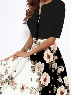 Women's Two Piece Dress Set Casual Dress Swing Dress Outdoor Daily Fashion Modern Print Midi Dress Crew Neck Short Sleeve Floral Loose Fit Black Summer Spring S M L XL XXL -Party Prom Dresses Sales Store vppumr1690256286806