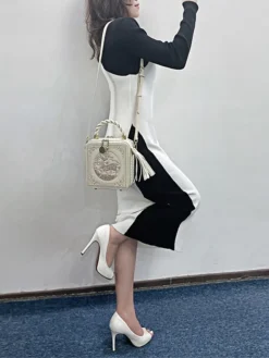 Women's Sweater Dress Winter Dress Jumper Dress Midi Dress Fashion Color Block Outdoor Daily Holiday Date Crew Neck Long Sleeve Patchwork 2023 Slim Black S M L XL -Party Prom Dresses Sales Store vqfhjg1692938897108