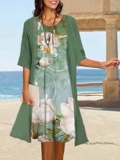 Women's Two Piece Dress Set Casual Dress Shift Dress Outdoor Daily Fashion Casual Print Midi Dress Crew Neck 3/4 Length Sleeve Floral Loose Fit Blue Green Summer Spring S M L XL XXL -Party Prom Dresses Sales Store vqshsn1678864807616