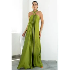 Women's Party Dress Satin Dress Long Dress Maxi Dress Blue Orange Green Sleeveless Pure Color Backless Summer Spring Halter Neck Fashion Loose Fit 2023 S M L XL