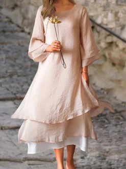 Women's Casual Dress Cotton Linen Dress Swing Dress Midi Dress Cotton Blend Basic Casual Outdoor Daily Vacation Crew Neck Button Layered Long Sleeve Summer Spring Fall 2023 Loose Fit Light Pink White -Party Prom Dresses Sales Store vradpa1680163683442