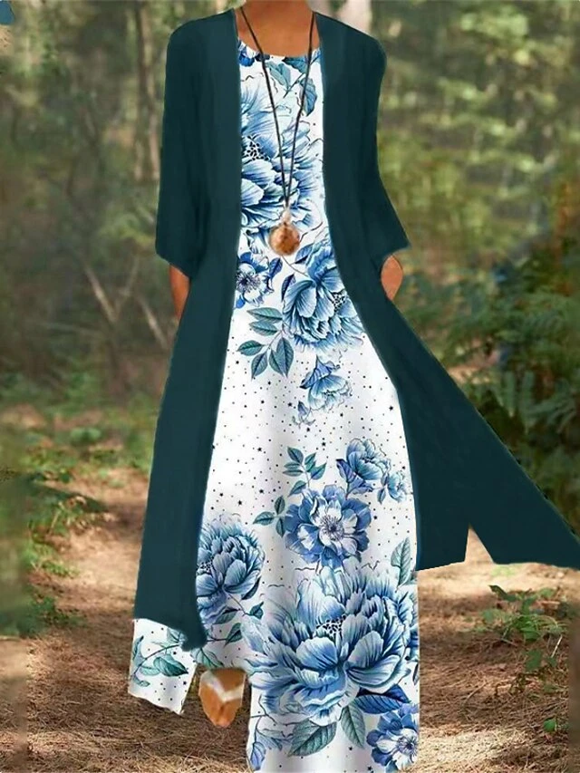 Women's Dress Set Two Piece Dress Church Dress Long Dress Maxi Dress White Red Blue Long Sleeve Floral Print Summer Spring Crew Neck Modern Winter Dress Fall Dress Loose Fit 2023 M L XL XXL 3XL 4XL 2 Women's Dress Set Two Piece Dress Church Dress Long Dress Maxi Dress White Red Blue Long Sleeve Floral Print Summer Spring Crew Neck Modern Winter Dress Fall Dress Loose Fit 2023 M L XL XXL 3XL 4XL - Image 2