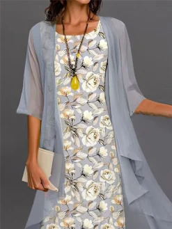 Women's Two Piece Dress Set Casual Dress Chiffon Dress Outdoor Daily Fashion Streetwear Print Midi Dress Crew Neck Half Sleeve Floral Regular Fit Gray Fall Winter S M L XL XXL -Party Prom Dresses Sales Store vsakcv1695194202103