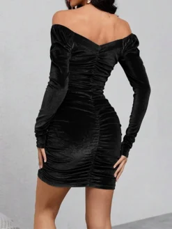 Women's Party Dress Velvet Dress Homecoming Dress Mini Dress Black Long Sleeve Pure Color Ruched Spring Fall Winter Off Shoulder Fashion Winter Dress Wedding Guest Birthday Slim 2023 S M L XL -Party Prom Dresses Sales Store vsqyfk1692689427872