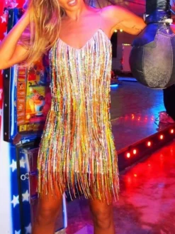 Women's Party Dress Fringe Dress Sequin Dress Mini Dress Colorful Sleeveless Multicolor Tassel Fringe Summer Spring Fall Spaghetti Strap Party Birthday Vacation Summer Dress 2023 S M L XL -Party Prom Dresses Sales Store vteuhf1683265957757