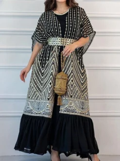 Women's Two Piece Dress Set Party Dress Sheath Dress Party Cocktail Party Fashion Party Lace Up Ruched Long Dress Maxi Dress Crew Neck Short Sleeve Print Loose Fit Black White Green Fall Winter S M L -Party Prom Dresses Sales Store vtfjgk1696691498746