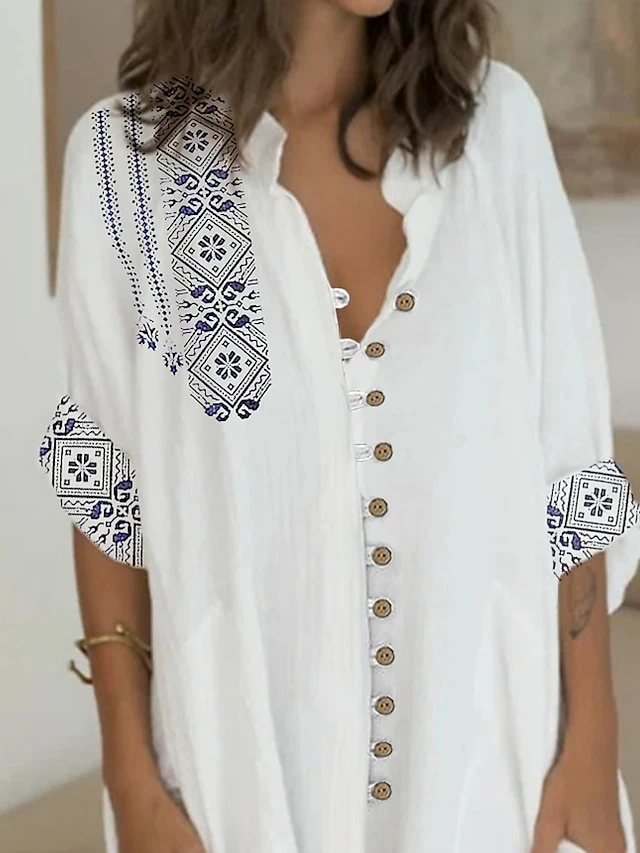 Women's Shirt Dress Casual Dress Cotton Dress Mini Dress Cotton Blend Ethnic Style Modern Outdoor Daily Shirt Collar Button Pocket Short Sleeve Summer Spring 2023 Loose Fit White Geometric Tribal S M 2 Women's Shirt Dress Casual Dress Cotton Dress Mini Dress Cotton Blend Ethnic Style Modern Outdoor Daily Shirt Collar Button Pocket Short Sleeve Summer Spring 2023 Loose Fit White Geometric Tribal S M - Image 2