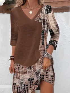 Women's Sweater Dress Winter Dress Jumper Dress Mini Dress Fashion Geometric Color Block Outdoor Daily Date Going Out V Neck Long Sleeve Print 2023 Regular Fit Blue Brown Green S M L XL XXL 3XL