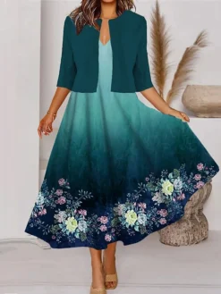 Women's Two Piece Dress Set Casual Dress Tank Dress Outdoor Daily Fashion Streetwear Pocket Print Midi Dress V Neck 3/4 Length Sleeve Floral Ombre Regular Fit Blue Brown Green Spring Fall S M L XL XXL -Party Prom Dresses Sales Store vtlfjc1690860562528