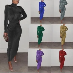 Women‘s Party Dress Velvet Dress Green Long Dress Maxi Dress Green Blue Gold Dark Gray Red Black Long Sleeve Pure Color Ruched Velvet Fall Turtleneck Casual Fall Dress S M L XL XXL XXXL