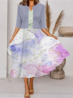 Women's Two Piece Dress Set Casual Dress Tank Dress Outdoor Daily Fashion Streetwear Pocket Print Midi Dress V Neck 3/4 Length Sleeve Geometric Color Block Regular Fit Black White Blue Spring Fall S -Party Prom Dresses Sales Store vttsfj1690857635967