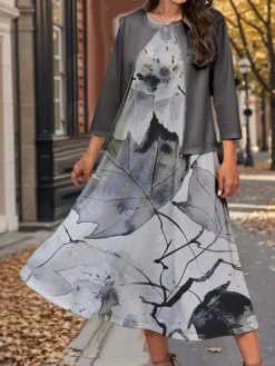 Women's Two Piece Dress Set Casual Dress Swing Dress Outdoor Office Fashion Streetwear Print Midi Dress Crew Neck 3/4 Length Sleeve Leaf Regular Fit Yellow Green Gray Fall Winter S M L XL XXL