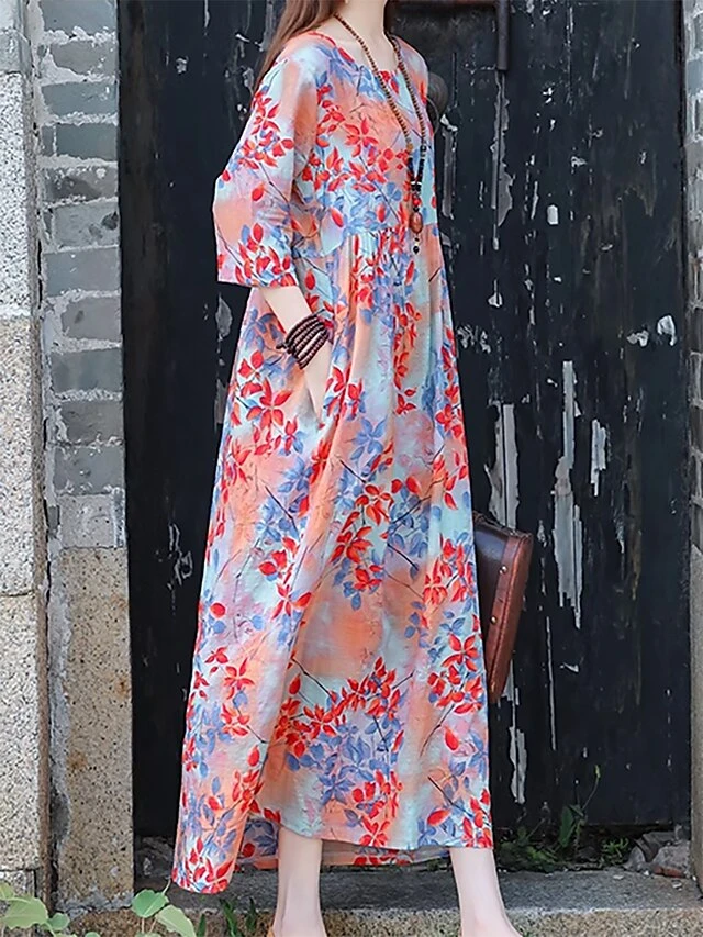 Women's Casual Dress Cotton Linen Dress Swing Dress Midi Dress Linen / Cotton Blend Sweet Style Modern Outdoor Daily Holiday Crew Neck Print 3/4 Length Sleeve Fall Winter Autumn 2023 Loose Fit Yellow 2 Women's Casual Dress Cotton Linen Dress Swing Dress Midi Dress Linen / Cotton Blend Sweet Style Modern Outdoor Daily Holiday Crew Neck Print 3/4 Length Sleeve Fall Winter Autumn 2023 Loose Fit Yellow - Image 2