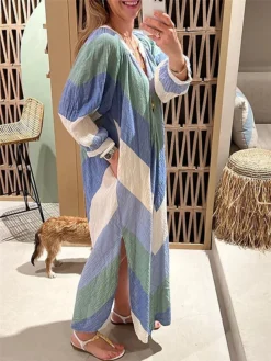 Women's Casual Dress A Line Dress Summer Dress Long Dress Maxi Dress Polyester Fashion Streetwear Outdoor Daily Date V Neck Pocket Split Long Sleeve Summer Spring Fall 2023 Regular Fit Blue Geometric -Party Prom Dresses Sales Store vubkdh1682665940594