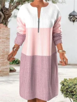 Women's Sweater Dress Winter Dress Jumper Dress Midi Dress Fashion Color Block Outdoor Street Daily Vacation V Neck Long Sleeve Zipper Print 2023 Loose Fit Black Pink Peach M L XL XXL 3XL 4XL 5XL -Party Prom Dresses Sales Store vumzym1692080931011