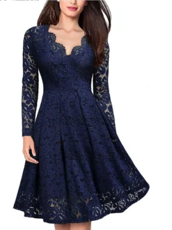 Women‘s Party Dress Wedding Guest Dress Lace Dress Dress Knee Length Dress Black Wine Navy Blue Long Sleeve Pure Color Lace Winter Fall Spring V Neck Elegant Winter Dress Office 2023 S M L XL XXL 3XL -Party Prom Dresses Sales Store vusiwq1672310124056