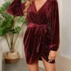 Women's Party Dress Velvet Dress Cocktail Dress Mini Dress Wine Long Sleeve Pure Color Lace Up Spring Fall Winter V Neck Fashion Winter Dress Wedding Guest Vacation 2023 S M L XL XXL