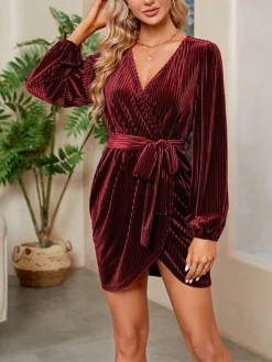 Women's Party Dress Velvet Dress Cocktail Dress Mini Dress Wine Long Sleeve Pure Color Lace Up Spring Fall Winter V Neck Fashion Winter Dress Wedding Guest Vacation 2023 S M L XL XXL