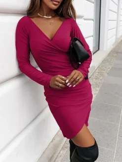 Women's Work Dress Sheath Dress Black Dress Fashion Winter Dress Office Daily Mini Dress Ruched V Neck Long Sleeve Plain Loose Fit Black Red Green Fall Winter S M L XL XXL -Party Prom Dresses Sales Store vvjvbn1695031001579