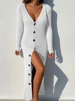 Women's Sweater Dress Jumper Dress Casual Dress Long Dress Maxi Dress Warm Pure Color Outdoor Casual Holiday Vacation V Neck Long Sleeve Button 2023 Regular Fit Black White Pink S M L XL XXL 3XL -Party Prom Dresses Sales Store vvlhic1692000783328