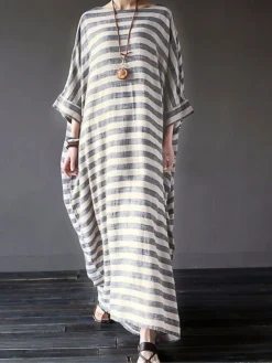 Women's Cotton Linen Dress Casual Dress Maxi Long Dress Linen Cotton Blend Casual Outdoor Daily Crew Neck Print Long Sleeve Summer Spring Fall 2023 Loose Fit Black Gray Striped S M L XL 2XL