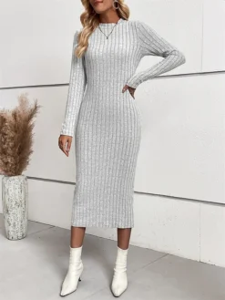 Women's Sweater Dress Winter Dress Jumper Dress Midi Dress Ribbed Outdoor Work Street Fashion Modern Crew Neck Long Sleeve 2023 Slim Light Grey Color S M L XL Size -Party Prom Dresses Sales Store vwhiza1694594775663