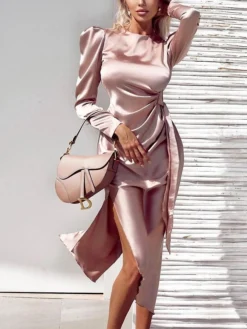 Women‘s Party Dress Wedding Guest Dress Satin Dress Pink Dress Midi Dress Pink Long Sleeve Print Ruched Winter Fall Autumn Crew Neck Elegant Wedding Party Winter Dress 2023 S M L XL XXL