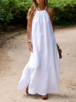 Women's Casual Dress Swing Dress White Dress Long Dress Maxi Dress Cotton Polyester Basic Casual Outdoor Daily Holiday Halter Neck Split Sleeveless Summer Spring 2023 Regular Fit Camel Black White