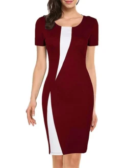 Women's Work Dress Sheath Dress Semi Formal Dress Fashion Midi Dress Patchwork Crew Neck Short Sleeve Color Block Slim Black White Wine Summer Spring S M L XL XXL
