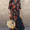Women's Casual Dress Cotton Dress Black Dress Maxi Long Dress Cotton Blend Basic Modern Outdoor Daily Vacation Crew Neck Print Half Sleeve Summer Spring 2023 Loose Fit Black Yellow Red Flower M L XL