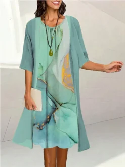 Women's Two Piece Dress Set Casual Dress Print Dress Outdoor Daily Fashion Elegant Print Midi Dress Crew Neck 3/4 Length Sleeve Ombre Marble Print Loose Fit Black Light Green Pink Summer Spring S M L -Party Prom Dresses Sales Store vyvuww1690171187272