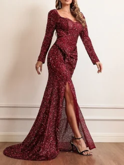 Women's Prom Dress Party Dress Sequin Dress Long Dress Maxi Dress Wine Long Sleeve Pure Color Sequins Fall Winter Autumn V Neck Fashion Winter Dress Wedding Guest Evening Party 2023 S M L XL XXL -Party Prom Dresses Sales Store vyyuhu1696489810775
