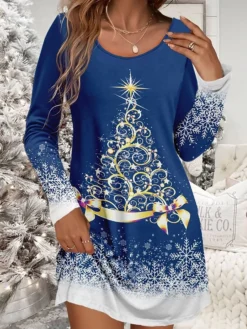 Women's Christmas Work Dress Casual Dress Winter Dress Daily Mini Dress Print Crew Neck Long Sleeve Tree Loose Fit Wine Navy Blue Brown Fall Winter -Party Prom Dresses Sales Store vzmnsn1695103252994