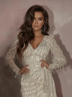 Women‘s Party Dress Fringe Dress Sequin Dress Homecoming Dress Mini Dress White Long Sleeve Pure Color Sequins Winter Fall Autumn V Neck Fashion Winter Dress Daily Evening Party 2022 S M L XL XXL -Party Prom Dresses Sales Store vznvbj1668596578802