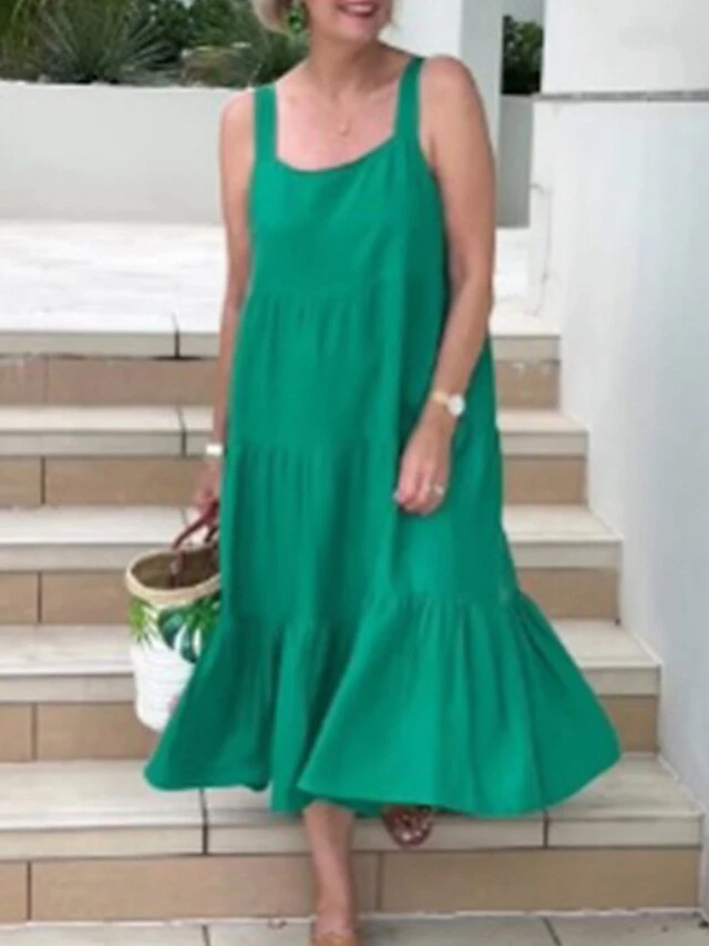 Women's Casual Dress Cotton Linen Dress Swing Dress Midi Dress Cotton Blend Fashion Modern Outdoor Daily Holiday Square Neck Ruffle Sleeveless Summer Spring 2023 Loose Fit White Green Plain S M L XL 4 Women's Casual Dress Cotton Linen Dress Swing Dress Midi Dress Cotton Blend Fashion Modern Outdoor Daily Holiday Square Neck Ruffle Sleeveless Summer Spring 2023 Loose Fit White Green Plain S M L XL - Image 4