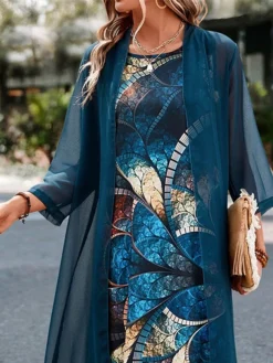 Women's Two Piece Dress Set Casual Dress Print Dress Outdoor Daily Fashion Streetwear Print Midi Dress Crew Neck Long Sleeve Floral Regular Fit Blue Summer Spring S M L XL XXL -Party Prom Dresses Sales Store waytgu1684477145102