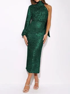 Women's Party Dress Sequin Dress Cocktail Dress Midi Dress Silver Black Champagne Long Sleeve Pure Color Sequins Fall Winter Autumn Halter Neck Fashion Wedding Guest Birthday Vacation 2023 S M L XL -Party Prom Dresses Sales Store wayytz1696310370406