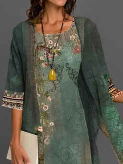 Women's Two Piece Dress Set Print Dress Outdoor Holiday Streetwear Casual Print Midi Dress Crew Neck 3/4 Length Sleeve Floral Regular Fit Blue Purple Green Summer Spring S M L XL XXL -Party Prom Dresses Sales Store wbrlys1677722815719