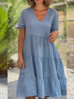 Women's Casual Dress Cotton Linen Dress Swing Dress Midi Dress Linen Cotton Blend Daily Modern Outdoor Daily Holiday V Neck Ruched Ruffle Short Sleeve Summer Spring 2023 Loose Fit Light Blue Rose Red -Party Prom Dresses Sales Store wcefdi1686559477313