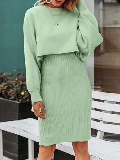 Women's Two Piece Dress Set Casual Dress Skirt Set Daily Going Out Fashion Streetwear Print Mini Dress Crew Neck Long Sleeve Plain Regular Fit Black Yellow Light Green Fall Winter M -Party Prom Dresses Sales Store wcixbg1693295677007
