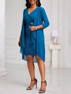 Women's Two Piece Dress Set Party Dress Lace Dress Party Wedding Guest Fashion Elegant Lace Patchwork Midi Dress V Neck 3/4 Length Sleeve Plain Regular Fit Blue Fall Winter S M L XL XXL 7 Women's Two Piece Dress Set Party Dress Lace Dress Party Wedding Guest Fashion Elegant Lace Patchwork Midi Dress V Neck 3/4 Length Sleeve Plain Regular Fit Blue Fall Winter S M L XL XXL -Party Prom Dresses Sales Store wclmsv1696604828416