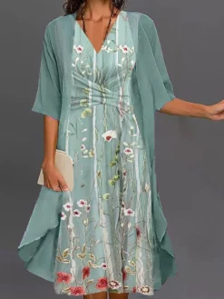 Women's Two Piece Dress Set Casual Dress Print Dress Outdoor Daily Fashion Streetwear Knot Front Print Midi Dress V Neck Half Sleeve Floral Regular Fit Green Summer Spring S M L XL XXL