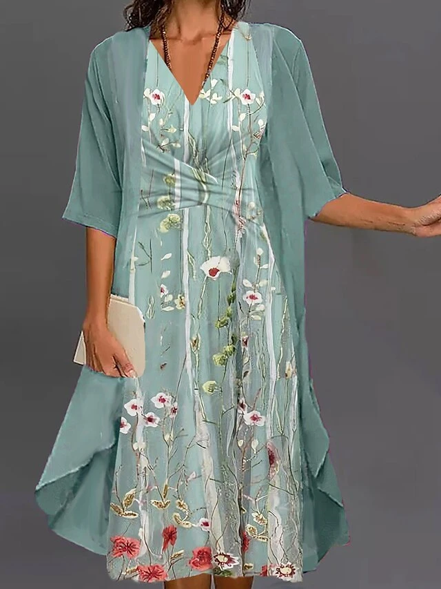 Women's Two Piece Dress Set Casual Dress Print Dress Outdoor Daily Fashion Streetwear Knot Front Print Midi Dress V Neck Half Sleeve Floral Regular Fit Green Summer Spring S M L XL XXL 1 Women's Two Piece Dress Set Casual Dress Print Dress Outdoor Daily Fashion Streetwear Knot Front Print Midi Dress V Neck Half Sleeve Floral Regular Fit Green Summer Spring S M L XL XXL