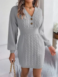 Women's Sweater Dress Winter Dress Jumper Dress Mini Dress Active Pure Color Outdoor Casual Holiday Vacation V Neck Long Sleeve Button 2023 Regular Fit White Pink Green S M L -Party Prom Dresses Sales Store wduspp1696926544440