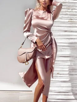 Women‘s Party Dress Wedding Guest Dress Satin Dress Pink Dress Midi Dress Pink Long Sleeve Print Ruched Winter Fall Autumn Crew Neck Elegant Wedding Party Winter Dress 2023 S M L XL XXL -Party Prom Dresses Sales Store weohod1678437567788